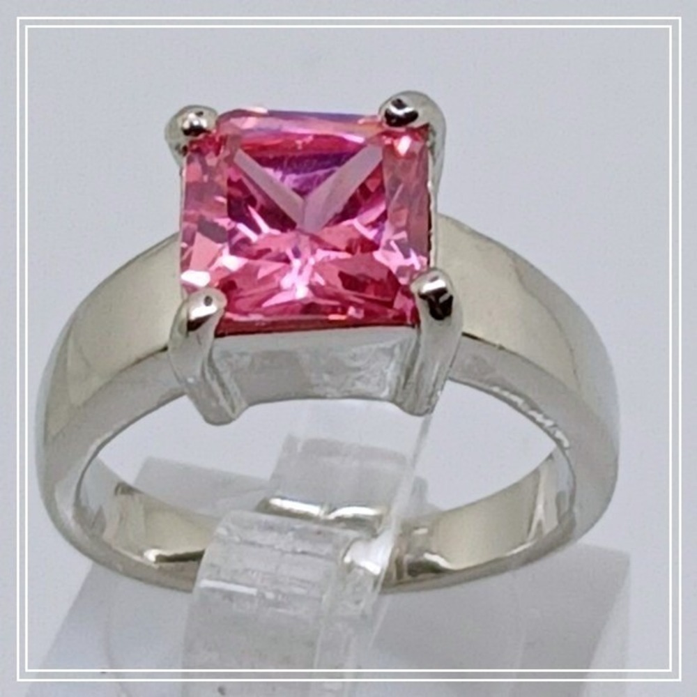 Pink Princess Cut Stone Silver Tone Wide Band Statement‎ Ring Size 10